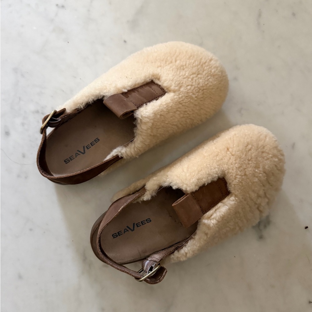Seavees Cream Shearling Clogs with Tan Strap - Picture 2 of 10